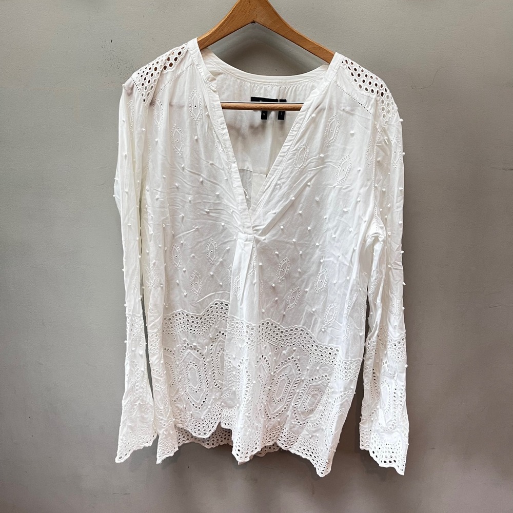 Theory White Eyelet Cotton V-Neck Blouse